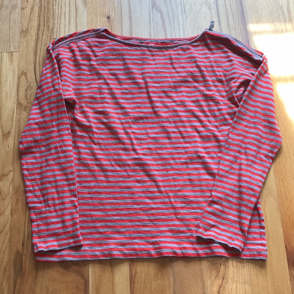 Loft Striped Cotton Zip Shoulder Long Sleeve Tee